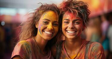 AI generated Faces adorned with holi vibrant paints, holi festival image download photo