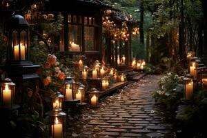 AI generated Magical pathway illuminated by flickering glass lanterns, valentine, dating and love proposal image photo