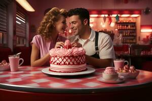 ai generado Pareja celebra con un pastel adornado en retro cena motivos y a cuadros delicias, enamorado, Fechado y amor propuesta imagen foto