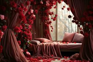 ai generado rojo rosas formar un sensual pabellón transformando un cama dentro un romántico refugio, enamorado, Fechado y amor propuesta imagen foto