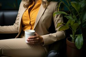 AI generated Female entrepreneur with coffee in hand, business meeting image photo