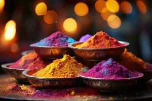 AI generated Holi powders in warm illumination, holi festival images hd photo