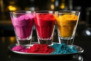 AI generated Glasses presenting colorful powders, holi festival image download photo