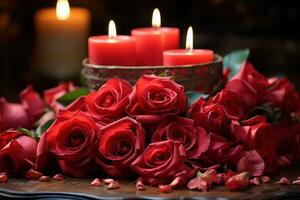 AI generated Romantic red roses bathed in the soft glow of candlelight, engagement, wedding and anniversary image photo