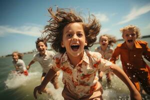 AI generated Group of friends in suits enjoying a playful ocean splash, relaxing summer scene photo