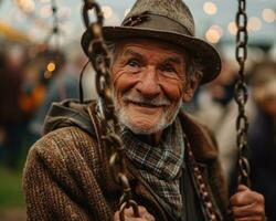 AI generated A cheerful senior gentleman on a swing, happy active seniors images photo