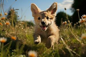 ai generado pequeño perrito alegremente corriendo en herboso campo, linda Doméstico mascota imagen foto