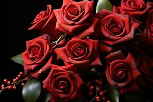 ai generado rojo rosas en un hermosamente arreglado composición, enamorado, Fechado y amor propuesta imagen foto