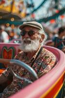 ai generado contento abuelo con un barba disfrutando un montaña rusa paseo a parque, contento activo personas mayores imágenes foto