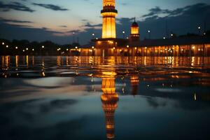 AI generated Mosque minaret silhouette reflecting in calm waters at prayer time, eid and ramadan images photo
