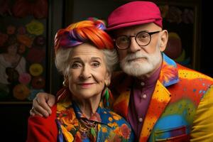 AI generated Older lady and gentleman in vibrant attire, happy active seniors images photo