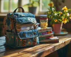 ai generado azul colegio mochila lleno con documentos en un aula, diverso educación y profesores día imagen foto