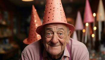 AI generated Senior gentleman enjoying celebrations in hat, diverse active seniors pictures photo