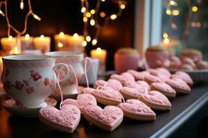 ai generado cocina fiesta con festivo corazón galletas colgado en instrumentos de cuerda, enamorado, Fechado y amor propuesta imagen foto