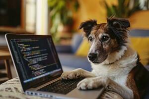 AI generated A cute dog typing on a laptop busy at home, cute domestic pet image photo