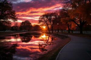 ai generado vistoso cielo reflexión en ciudad parque, amanecer y puesta de sol fondo de pantalla foto