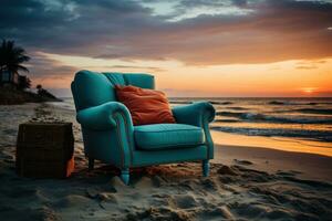 AI generated Sunset view with a stylish blue lounge chair in hd, summer season nature image photo