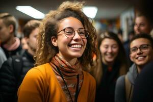 ai generado alto colegio estudiantes hablando en salón de clases con profesor que se discute lecciones y aprendizaje juntos, educación imágenes para sitio web foto