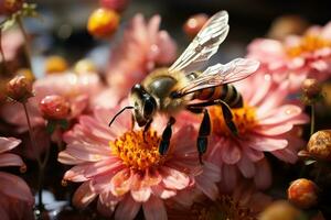 AI generated Morning pollen bees with glistening wings in dew, spring session photos