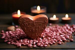 AI generated Close up shot captures heart chocolate bathed in the glow of candle flame, engagement, wedding and anniversary image photo