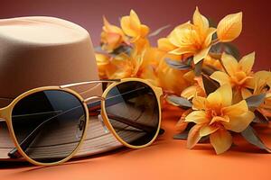 ai generado verano accesorios en un amarillo antecedentes con sombrero Gafas de sol y hoja, mejor verano imagen foto