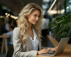 AI generated An industrious woman in business attire using a laptop at her desk, formal business meeting image photo