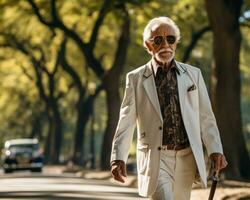 AI generated Elderly man park walk, happy active seniors images photo