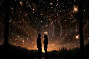 ai generado Pareja miradas a estrellas mediante un telescopio perdido en cósmico preguntarse, enamorado, Fechado y amor propuesta imagen foto