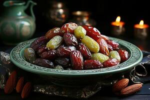 AI generated Green and red plates adorned with dates create a charming table setting, eid and ramadan images photo