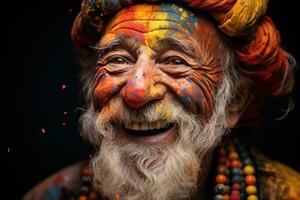 AI generated Celebration elderly man adorned in holi vibrant hues, holi festival image download photo