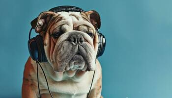 AI generated A bulldog wearing headphones poses against a blue backdrop, pet photo