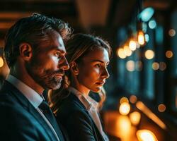 AI generated Business professionals in formal wear reviewing data on monitor, business meeting image photo