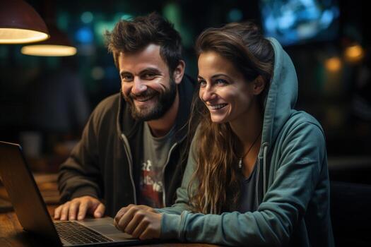 AI generated Couple looking at computers seated in a classroom, education pictures for website photo