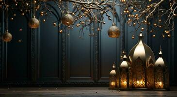 AI generated Exquisite golden arabic lantern hanging in a captivating background, eid and ramadan images photo