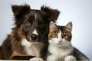 AI generated Adorable puppy and kitten seated on a white backdrop, pet photography photo