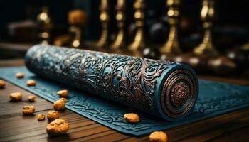AI generated Enhance your space with an exquisite rolled mat adorned in gold elegance, eid and ramadan images photo