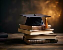 AI generated Cap atop books against a rustic wooden backdrop, education pictures for website photo