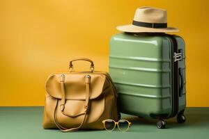 AI generated White hat sunglasses and luggage arranged on a yellow surface, relaxing summer scene photo