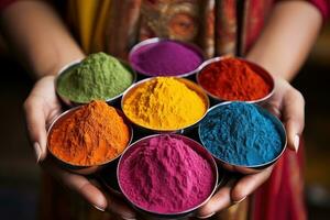 AI generated Woman presents vibrant holi powders on a plate, holi festival image download photo