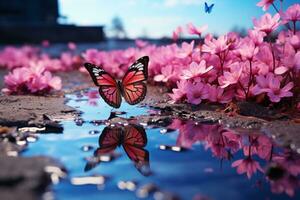 AI generated Reflection butterflies sip from sky mirrored puddle, spring session photos