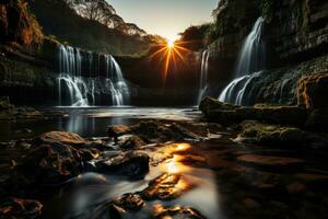 ai generado cascada bañado en amanecer resplandor, amanecer y puesta de sol fondo de pantalla foto