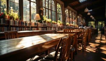 AI generated A bright and inviting school library showcasing books on a central shelf, educational photo