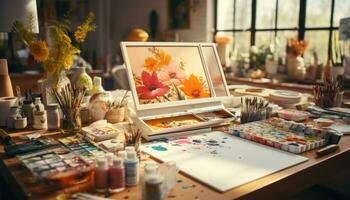 AI generated An inspiring workspace with various paint palettes brushes and artistic tools, educational photo