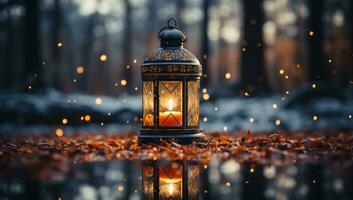 AI generated Candlelit lantern amidst a blanket of snow, eid and ramadan images photo