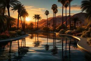 AI generated Palms reflected in oasis calm waters, sunrise and sunset wallpaper photo