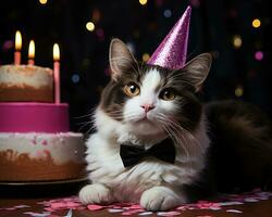 ai generado un gato con un fiesta sombrero y arco atar, mascota foto