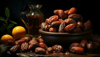 AI generated Dates arranged in an enticing display against a dark background, eid and ramadan images photo