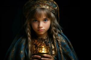 AI generated Young muslim girl holds lantern with soft wonder, eid and ramadan images photo