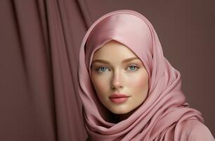 AI generated A young woman donning a pink hijab on a clean white background, eid and ramadan images photo