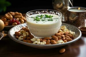 AI generated A bowl of milk and nuts with an oriental touch for a delightful experience, eid and ramadan images photo